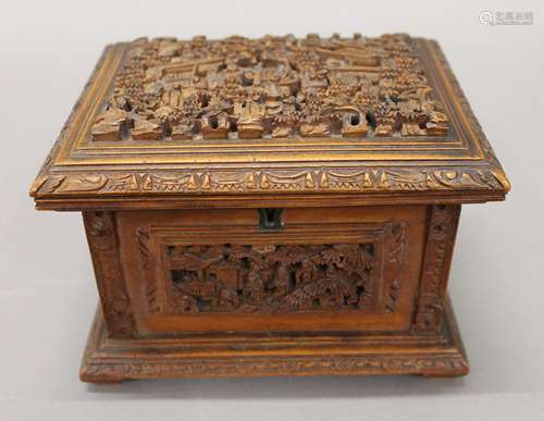 A late 19th century Canton carved wooden casket. 16.5 cm wid...