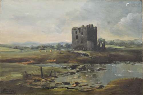 Scottish Castle, oil on canvas, indistinctly signed, unframe...