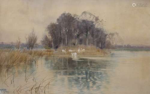 H E FOX, Swans on a River, watercolour, signed and dated 188...