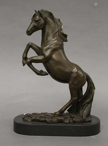 A bronze model of a rearing horse on a plinth base. 33 cm hi...