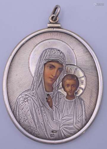 A Russian silver icon. 6.5 x 7.5 cm excluding suspension loo...