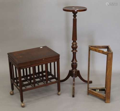 A Victorian walnut piano stool, an oak stick stand and a tor...