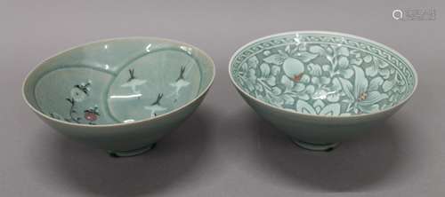 Two Korean celadon ground bowls. The largest 15 cm diameter.