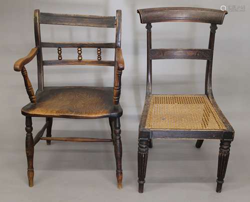 A 19th century elm seated open armchair and a cane seated ch...