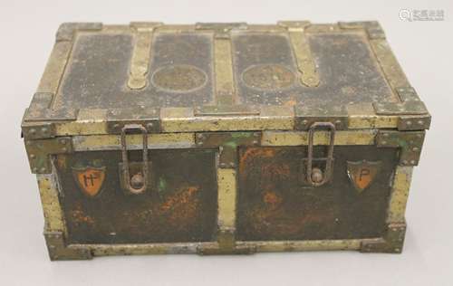 A Huntley and Palmer casket form tin. 19 cm wide.