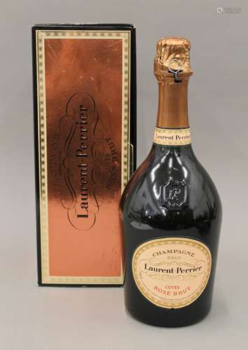 A bottle of Laurent-Perrier Cuvee Rose Champagne, boxed.