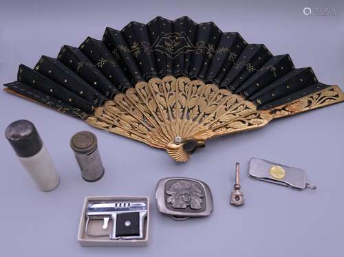 A quantity of items, including a fan, buckle, etc. Fan 24.5 ...