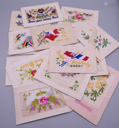 Seventeen World War I embroidered silk postcards including s...