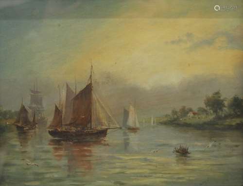 ENGLISH SCHOOL, River Scene with Locals Shipping, oil on boa...