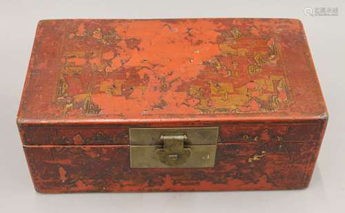 A 19th century Chinese red lacquered document box, painted w...