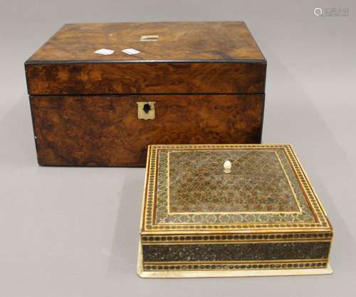 A Victorian walnut writing slope and a Kashmiri box. The for...