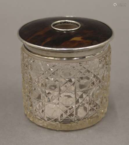 A cut glass, silver and tortoiseshell hair tidy,