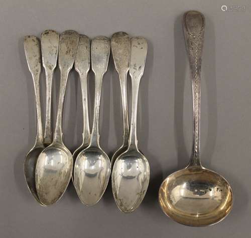 A Victorian silver ladle and a quantity of silver teaspoons....