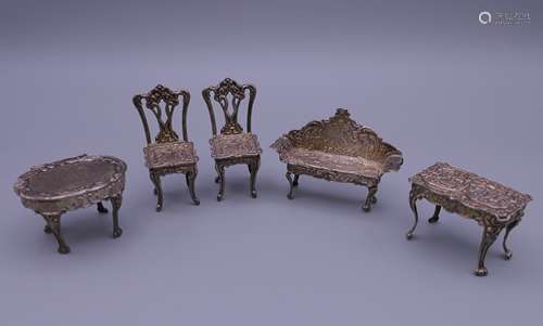 Five pieces of miniature Dutch silver furniture. Chairs 5.5 ...