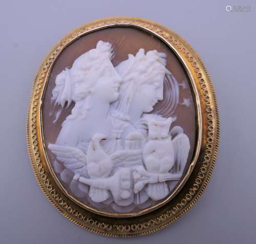 A Victorian gold cameo brooch. 5 x 4.25 cm.