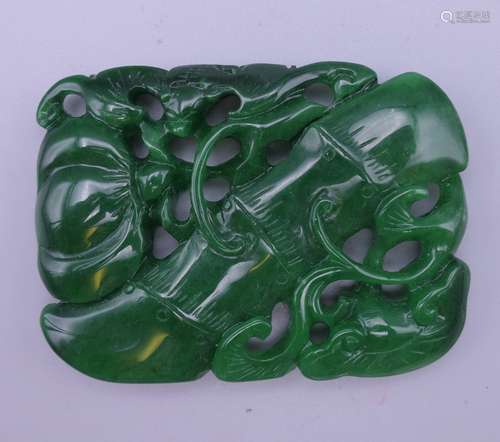 A jade bat and bamboo pendant. 7 x 5.25 cm.