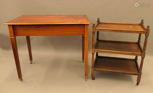 An early 20th century oak tea trolley and a modern side tabl...