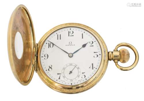 A gold plated Omega half hunter pocket watch,