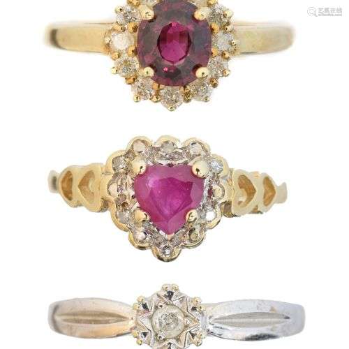 Three 9ct gold gem-set dress rings,