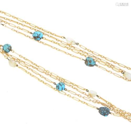 An early 20th century turquoise and pearl longuard chain,