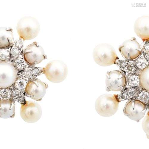 A pair of cultured pearl and diamond earrings,