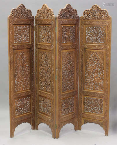 A late 20th century Indian hardwood four-fold dressing scree...