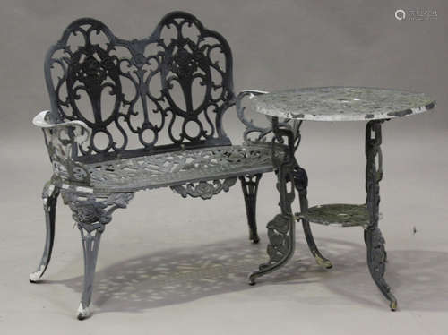 A late 20th century painted cast metal garden bench, height ...