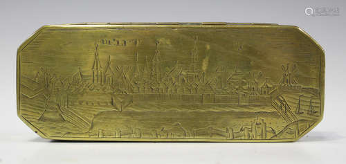 An 18th century Dutch brass tobacco box, the hinged lid engr...