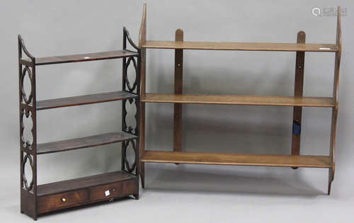 A 20th century oak three-tier wall shelf, height 76cm, width...