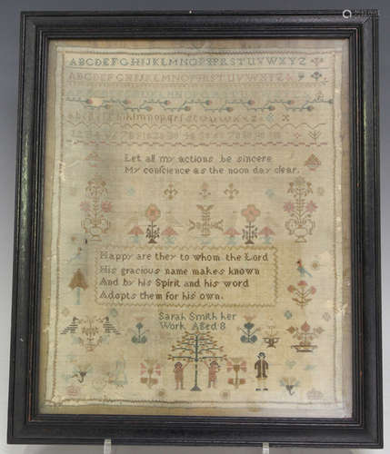 An early 19th century needlework sampler by Sarah Smith, age...