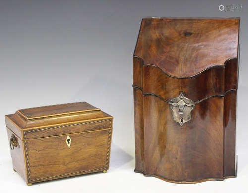 A George III mahogany knife box, fitted with a silver lockpl...