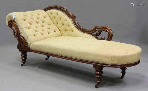 A late Victorian mahogany framed chaise-longue, upholstered ...