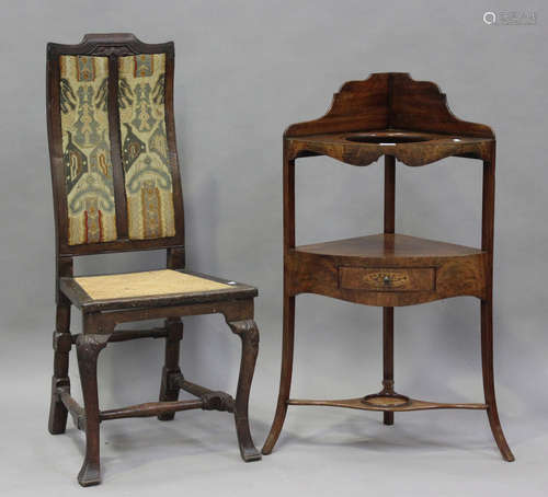 A George III mahogany bowfront corner washstand, inlaid with...