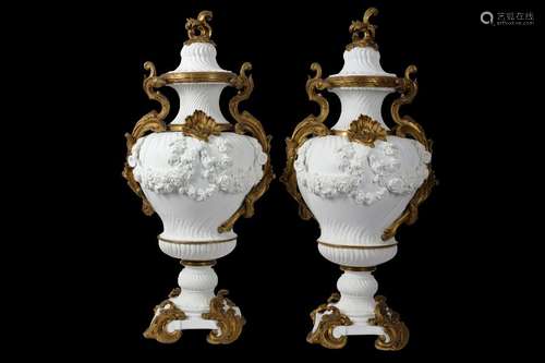 A PAIR OF VERY LARGE 19TH CENTURY SÈVRES STYLE BISCUIT PORCE...