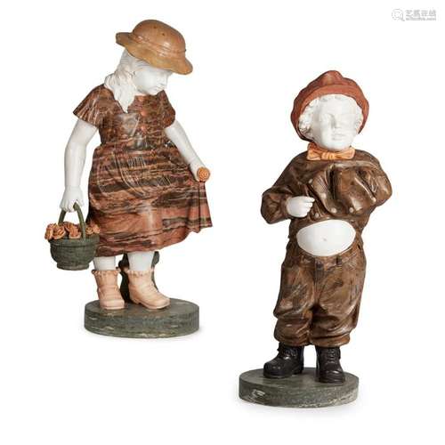 PAIR OF MIXED-MARBLE FIGURES OF CHILDREN 20TH