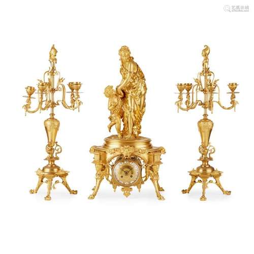 LARGE FRENCH A NAPOLEON III ORMOLU GILT BRONZE THREE-PIECE C...