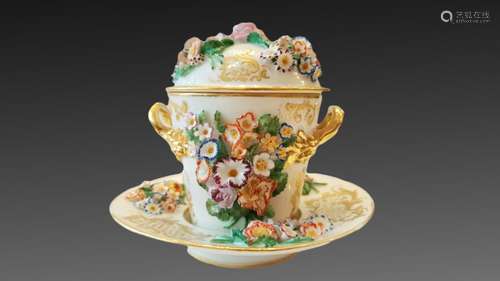 19th Century Jacob Petite Floral Encrusted Chocolate Cup & S...