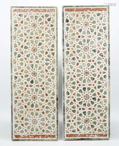 A pair of large geometric inlaid polychrome marble panels, E...