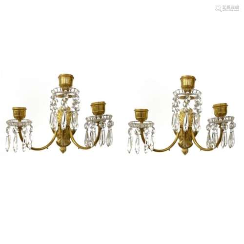 BACCARAT PAIR OF CRYSTAL AND GILT BRONZE THREE BRANCH WALL S...