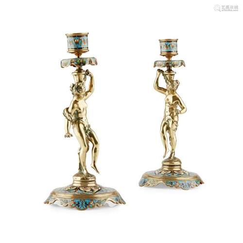 A PAIR OF LATE 19TH CENTURY FRENCH BRONZE AND CHAMPLEVE ENAM...