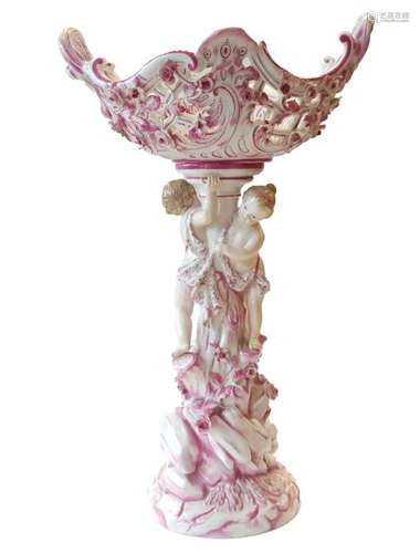 19th Century Pink Floral Encrusted Meissen Reticulated Centr...