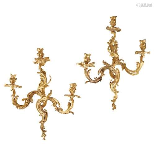 A PAIR OF 19TH CENTURY FRENCH GILT BRONZE ROCOCO STYLE THREE...