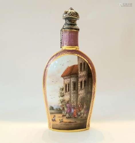 19th Century Meissen Unusual Hunting Flask Painted Scenes