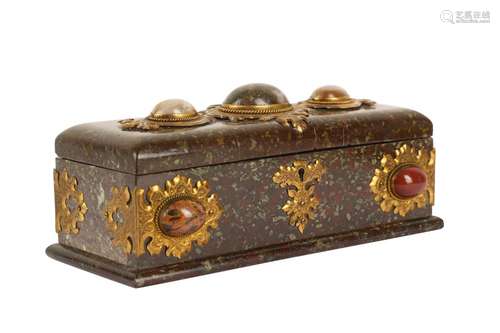 A 19TH CENTURY ENGLISH SERPENTINE MARBLE, ORMOLU AND HARD ST...