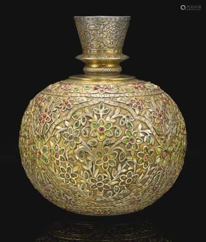 A gem-set silver-gilt huqqa base, India, early 18th century