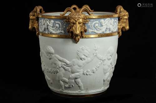 A LARGE LATE 19TH CENTURY SEVRES STYLE BISCUIT PORCELAIN JAR...