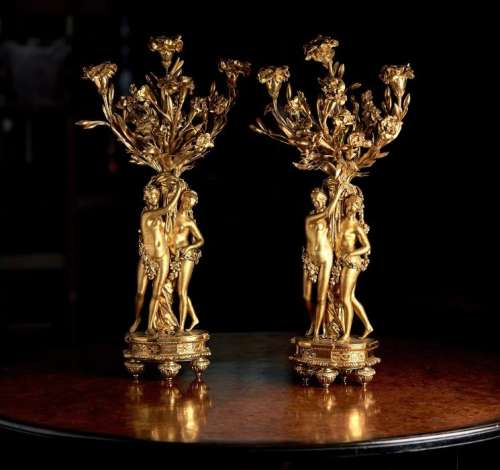 A LARGE PAIR OF 19TH CENTURY FRENCH GILT BRONZE FIGURAL CAND...