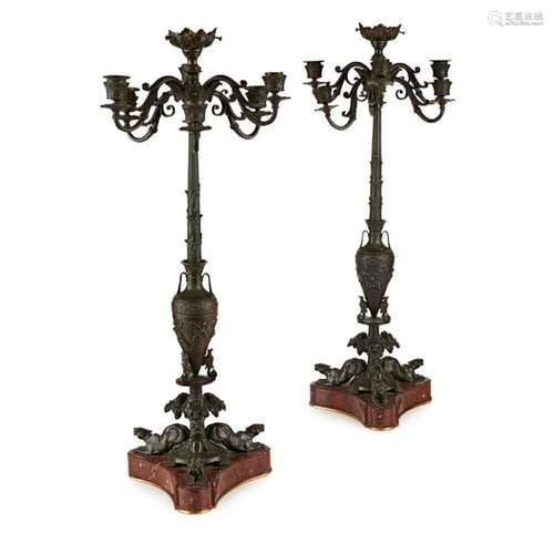 A PAIR OF 19TH CENTURY FRENCH BRONZE AND MARBLE NEO-GREC STY...