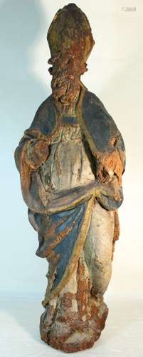 Saint Evêque en bois sculpté, polychromé et doré, en partie ...