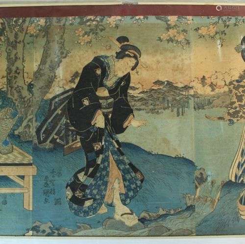 Japon. Triptyque. 3 geishas. Estampe. Signé. 71 x 33 cm. (Ta...